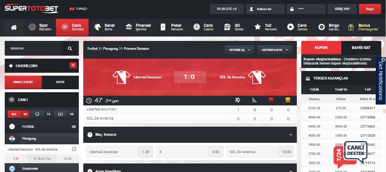 Supertotobet Canlı Bahis Oranları